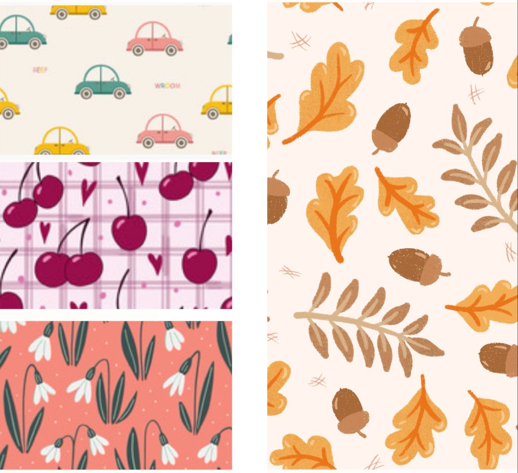 seamless patterns with cute beetle cars, cherries, snowdrop flowers and fall finds