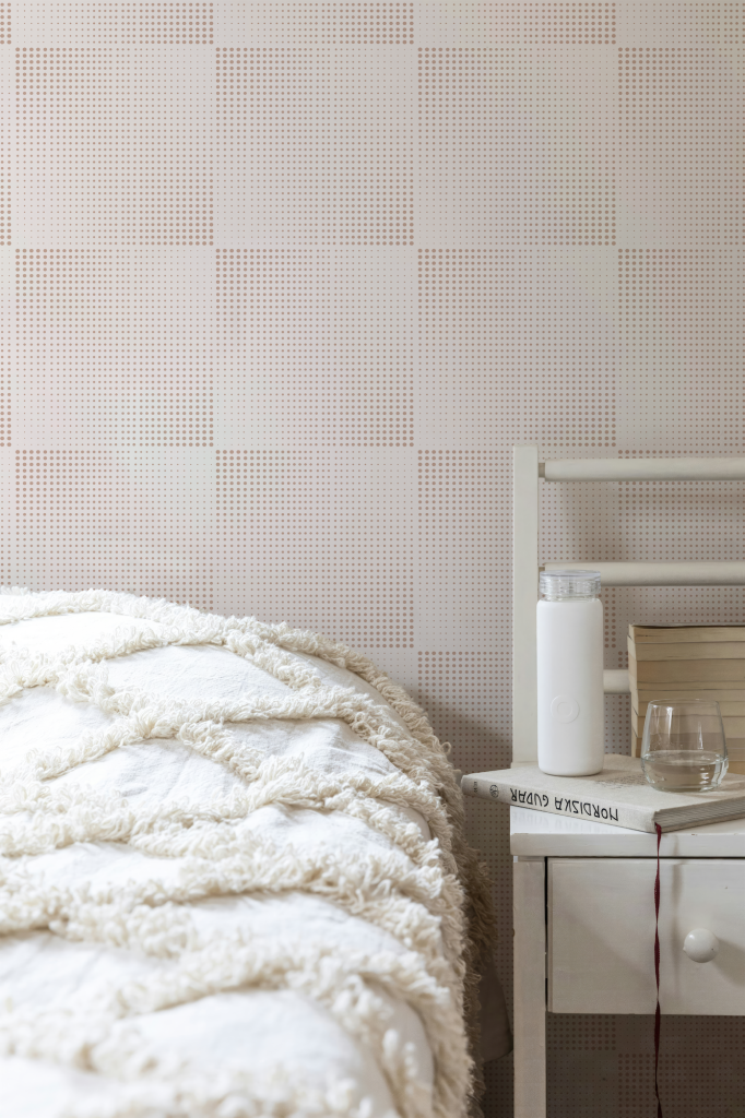 Neutral Beige Geometric Wallpaper in Soothing Bedroom