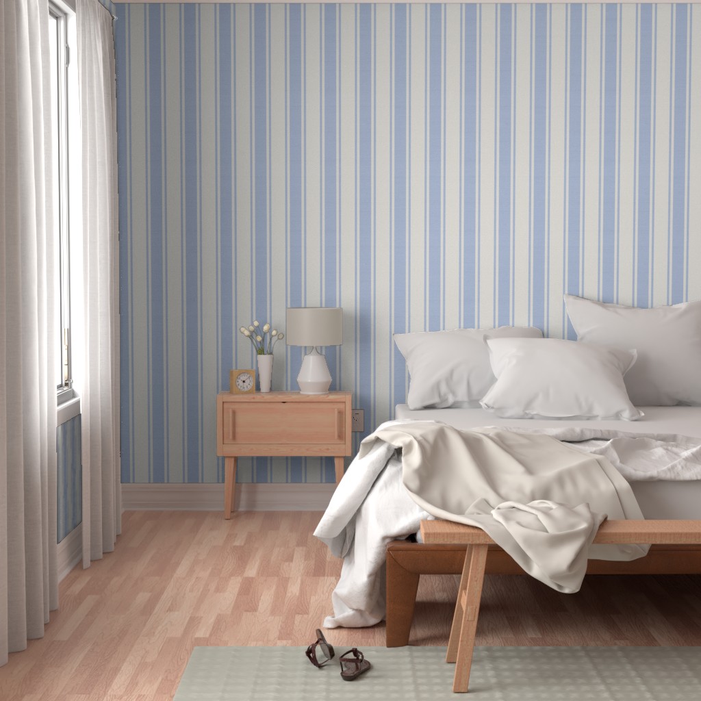 wallpaper with pastel blue ticking stripes