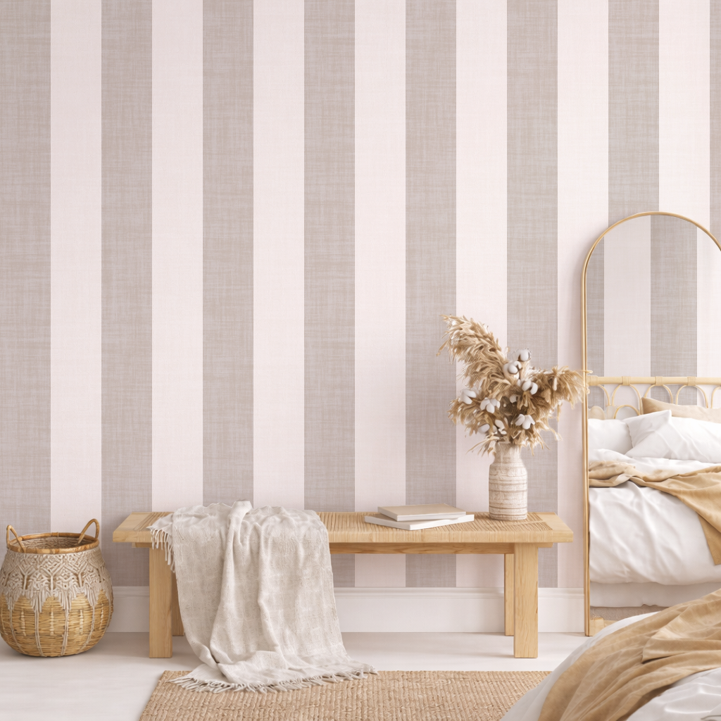 Soft warm beige cabana stripe wallpaper