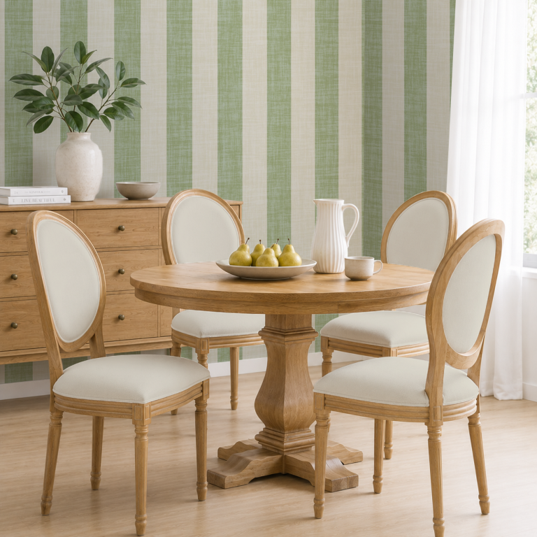 Sage Green And White Awning Stripe Wallpaper in Dining Room