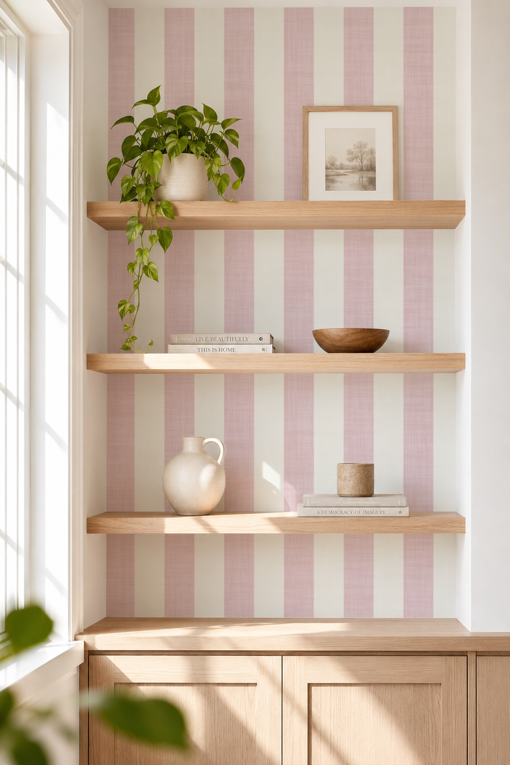 pink and white awning stripe wallpaper