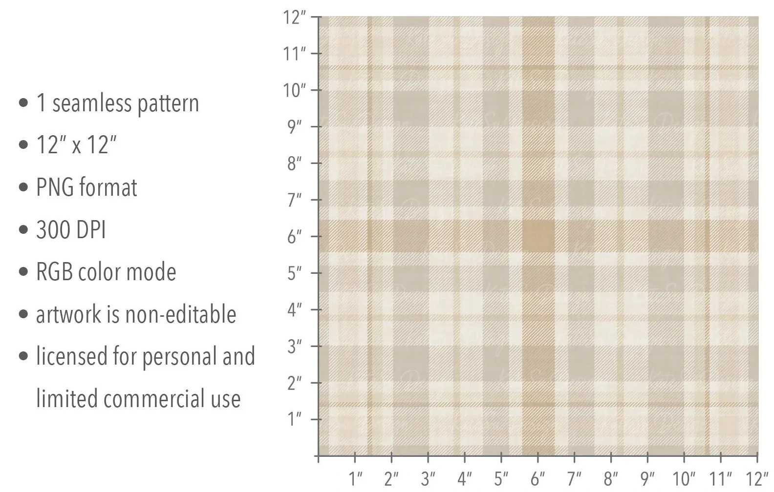 Etsy listing specifications: one 12-by-12-inch seamless PNG pattern at 300 DPI in RGB, with a plaid repeat tile and inch rulers.