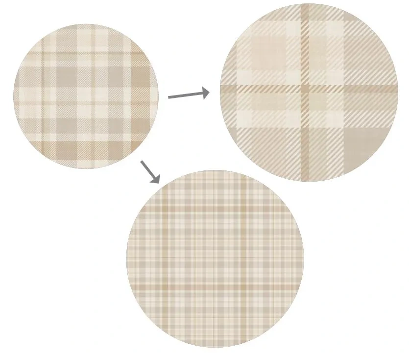 The same taupe plaid pattern shown at three motif scales, with arrows comparing larger and smaller checks.