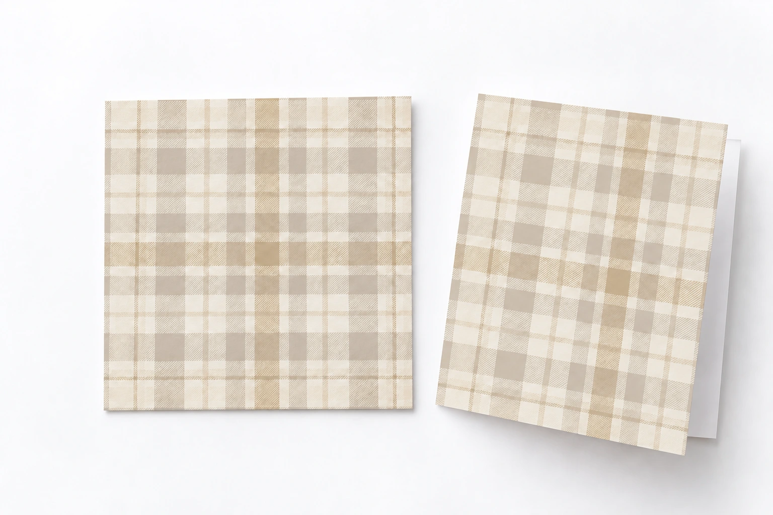 Taupe and cream plaid pattern shown on a paper swatch and folded greeting card on a white background.